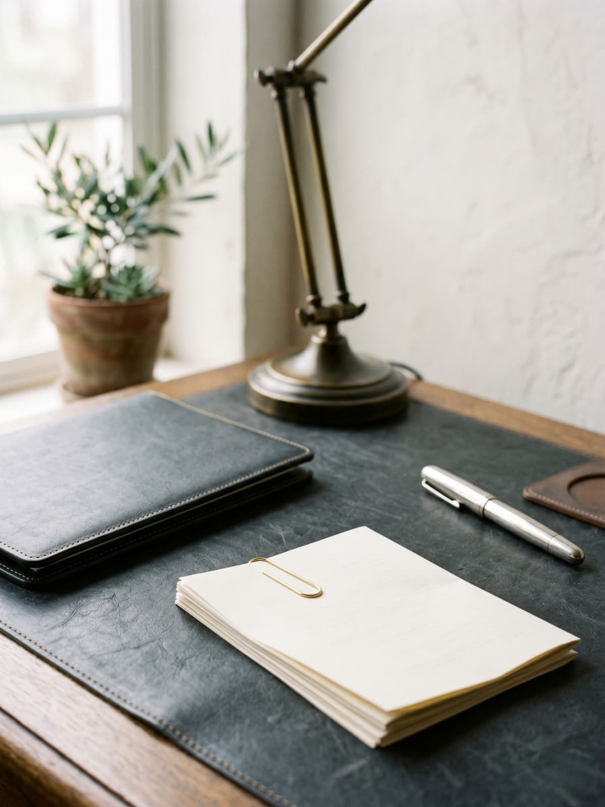 Bureau éditorial — portefeuille en cuir, contrat, lampe de bureau en laiton
