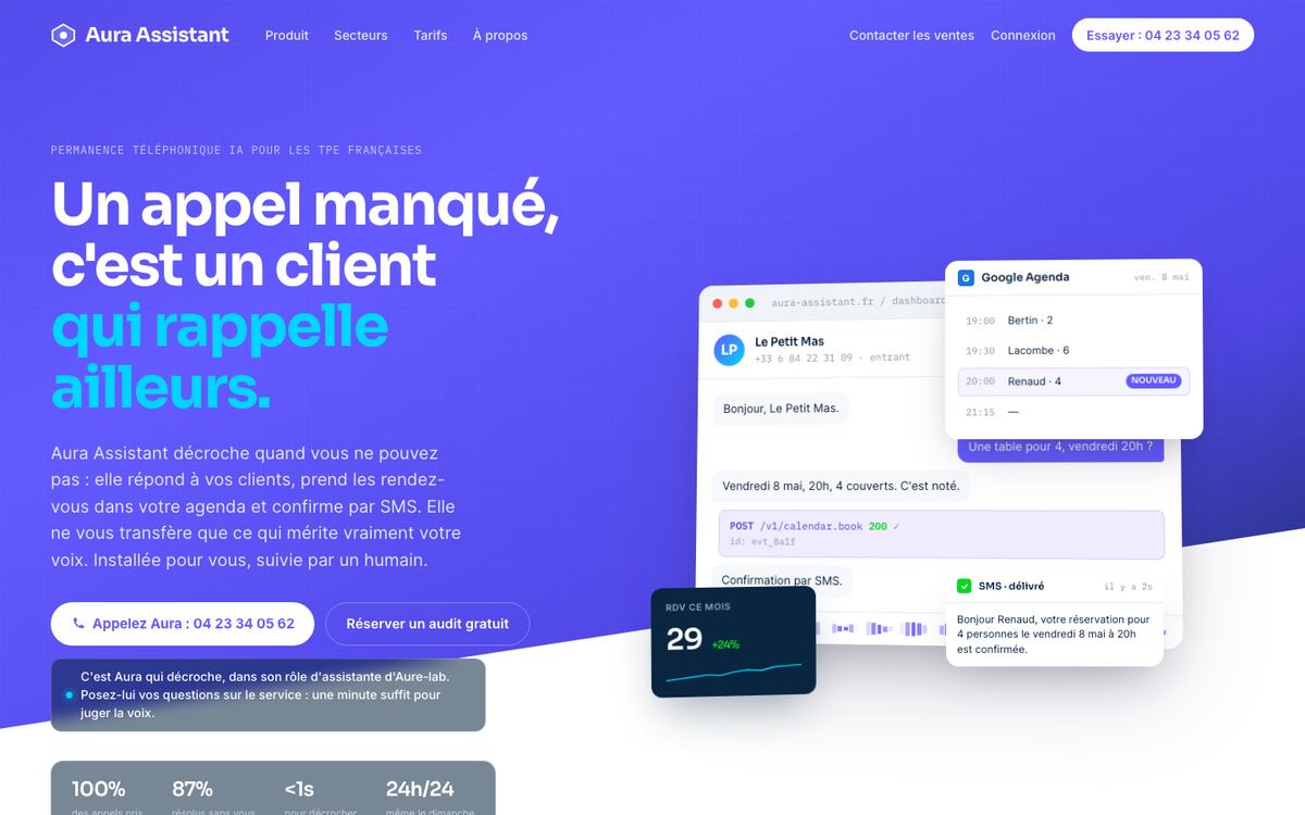 Page d'accueil d'Aura Assistant, le standard téléphonique par IA construit par Aure-lab