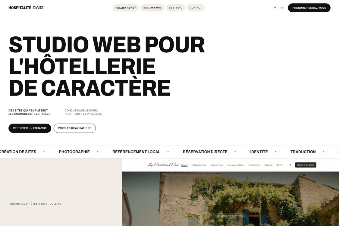 Page d'accueil d'Hospitalité Digital, l'agence web pour l'hôtellerie construite par Aure-lab
