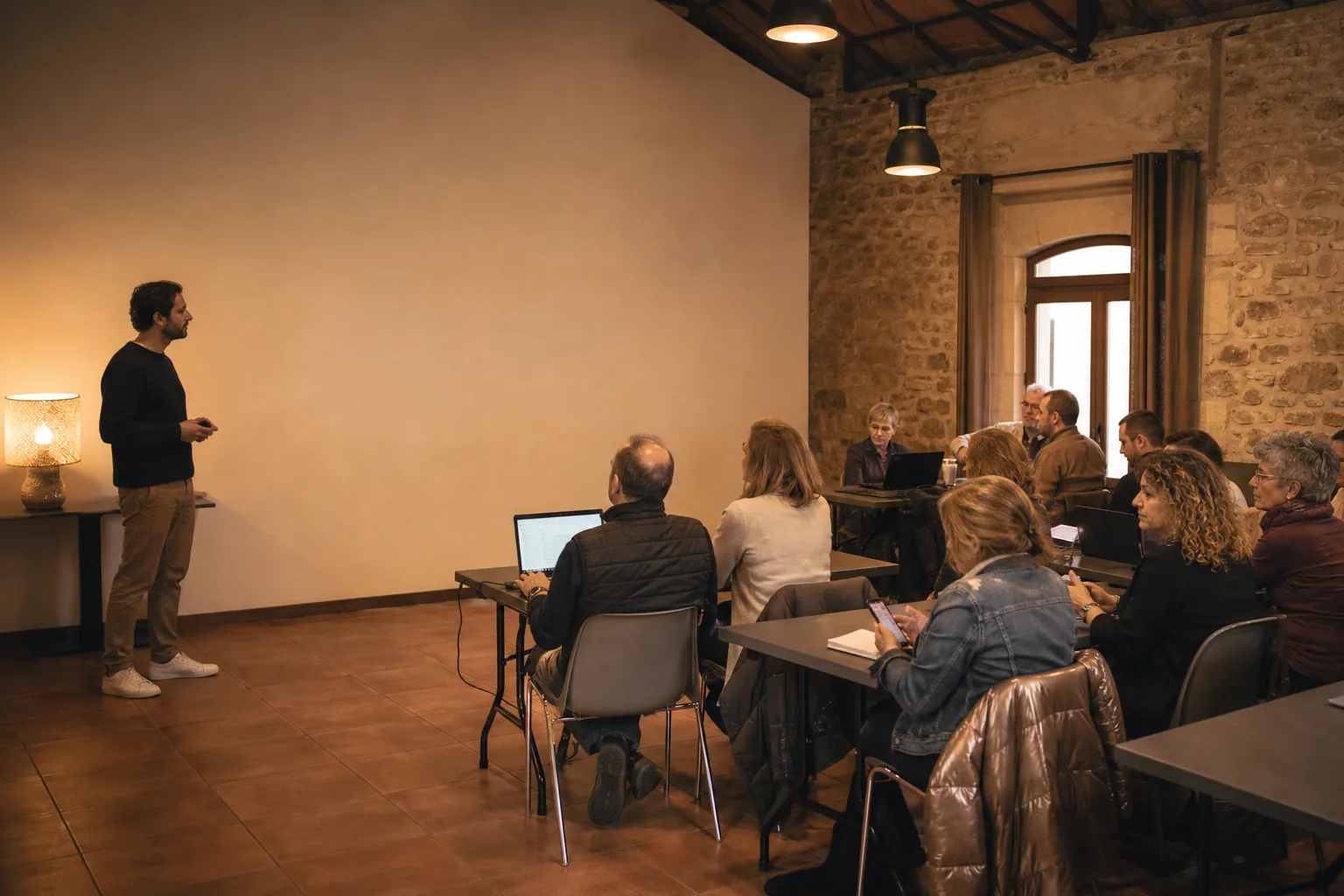 Commerçants réunis autour d'une table de travail, ordinateurs et documents ouverts