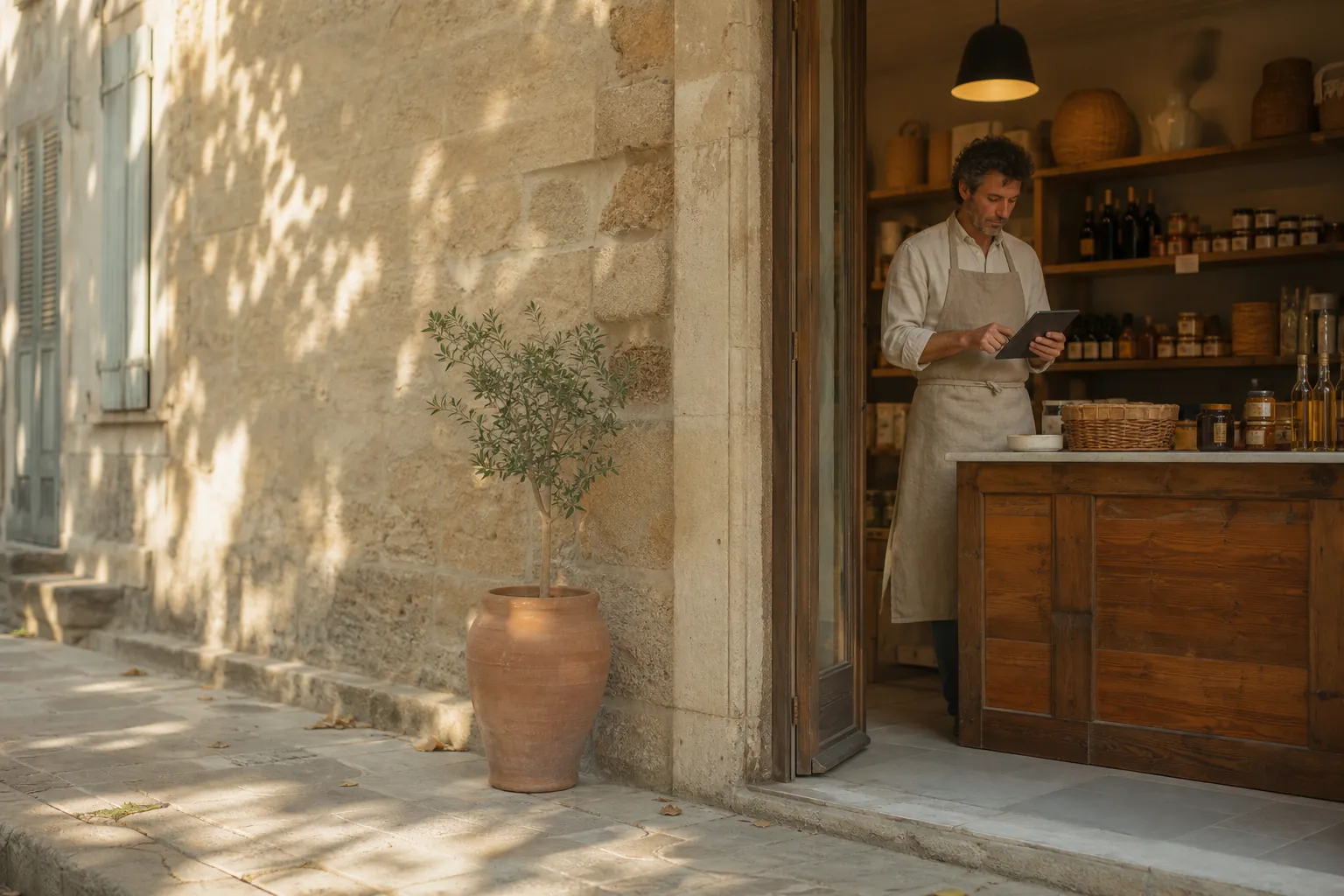 Intérieur d'une boutique de commerçant à Uzès, produits en rayon et comptoir