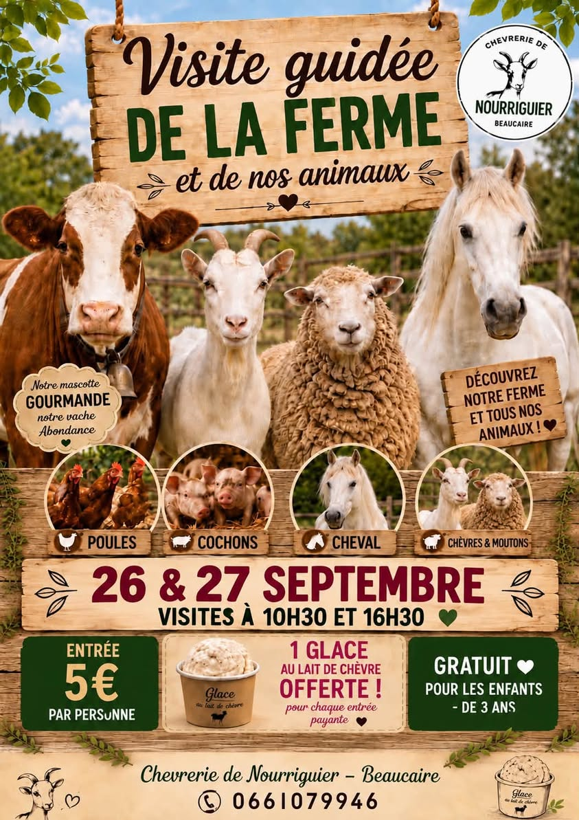 Affiche initiale de la visite guidée à la ferme, avec plusieurs animaux, textes et promotions