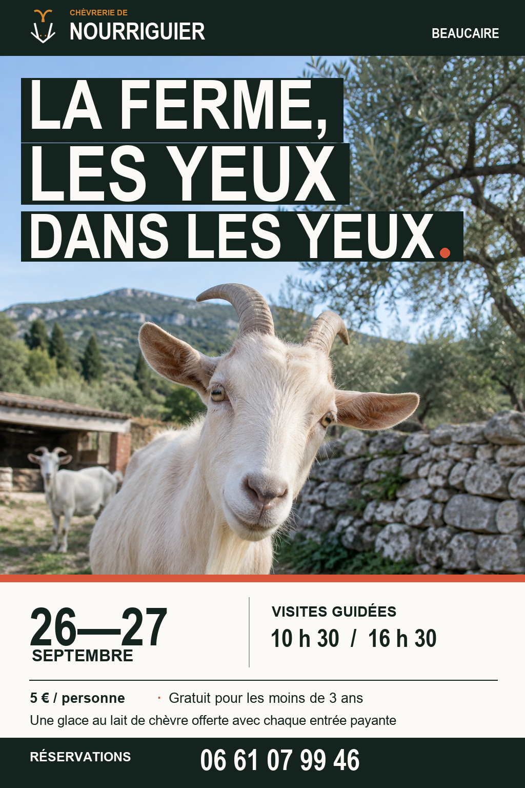 Affiche recomposée avec une accroche forte, la photo de la chèvre et les informations pratiques hiérarchisées